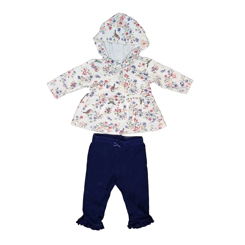 Baby Girl Floral Bird Hooded Cardigan and Ruffle Legging Set Navy White